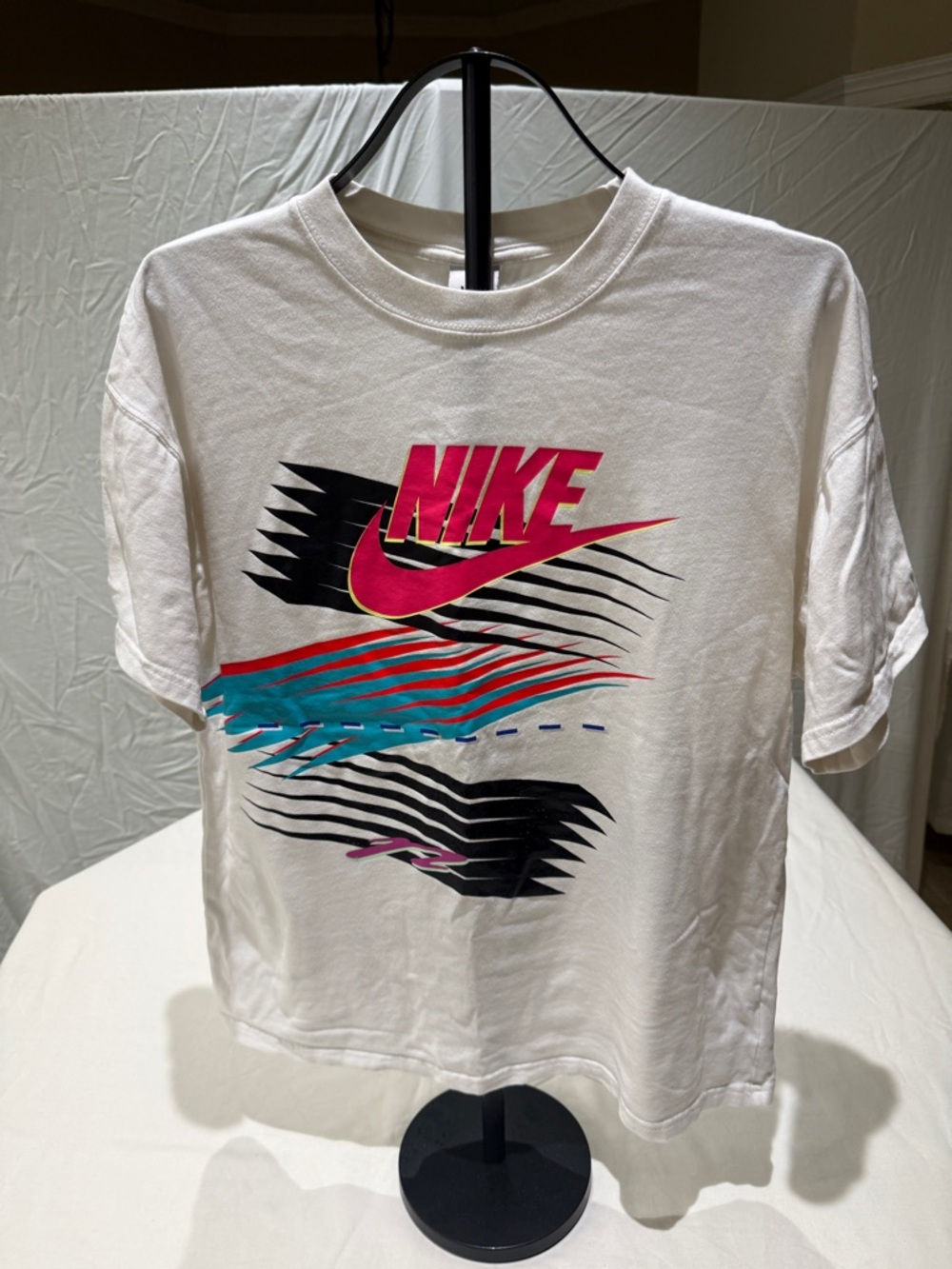 Nike White Tee with Pink, Teal & Black Graphic